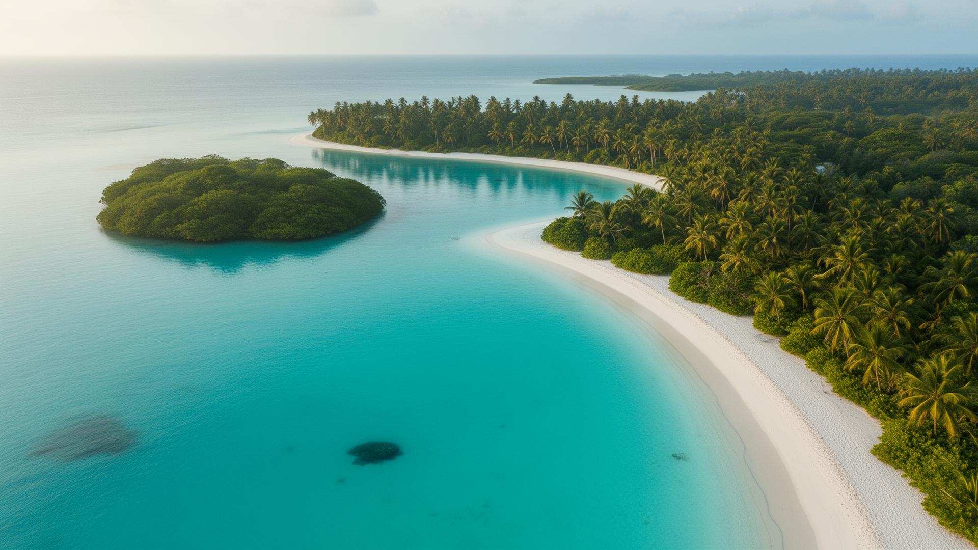 Aerial view of a turquoise lagoon with palm trees